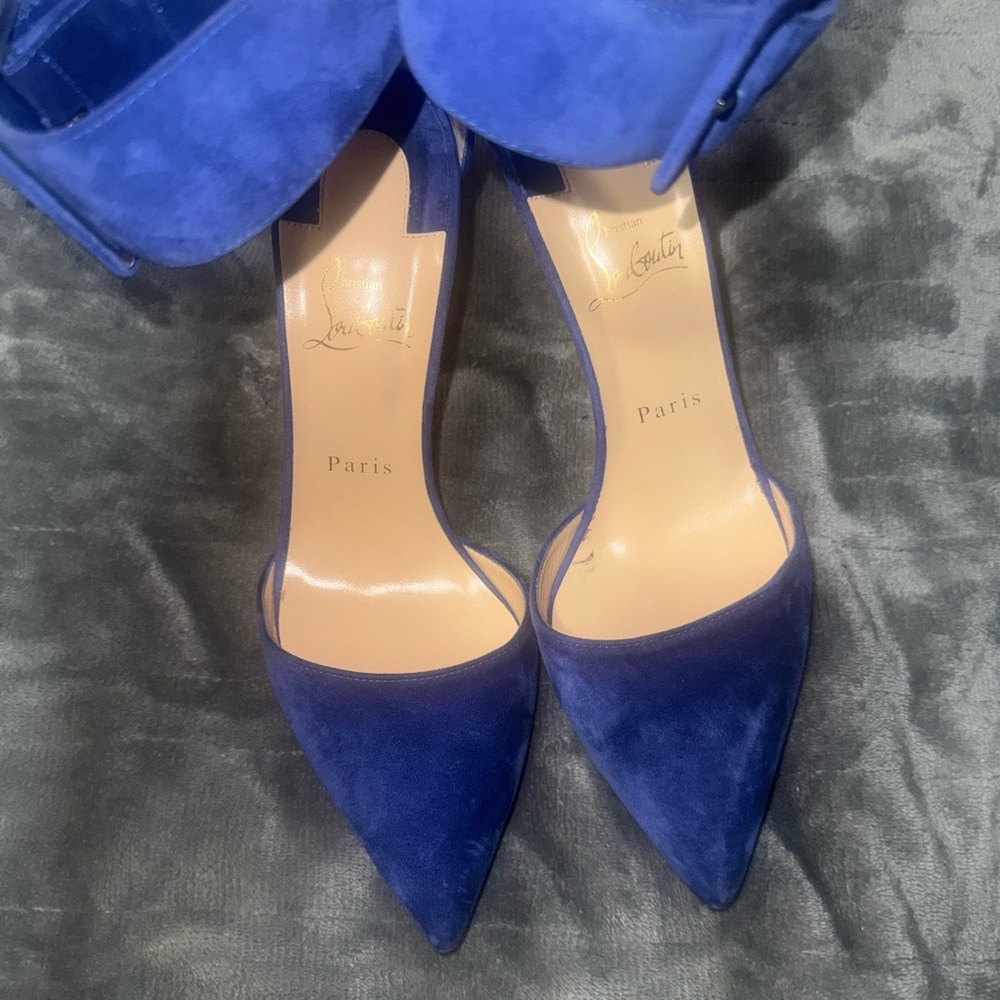 AUTHENTIC🔥Christian Louboutin Royal Blue Suede Harler ankle strap Heels - Picture 1 of 5